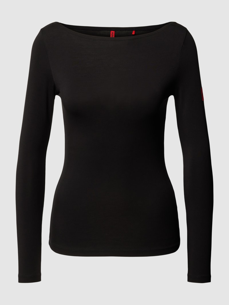 Longsleeve mit U-Boot-Ausschnitt und Label-Detail in schwarz