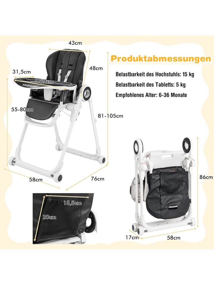 COSTWAY Hochstuhl in Schwarz günstig kaufen 58 cm
