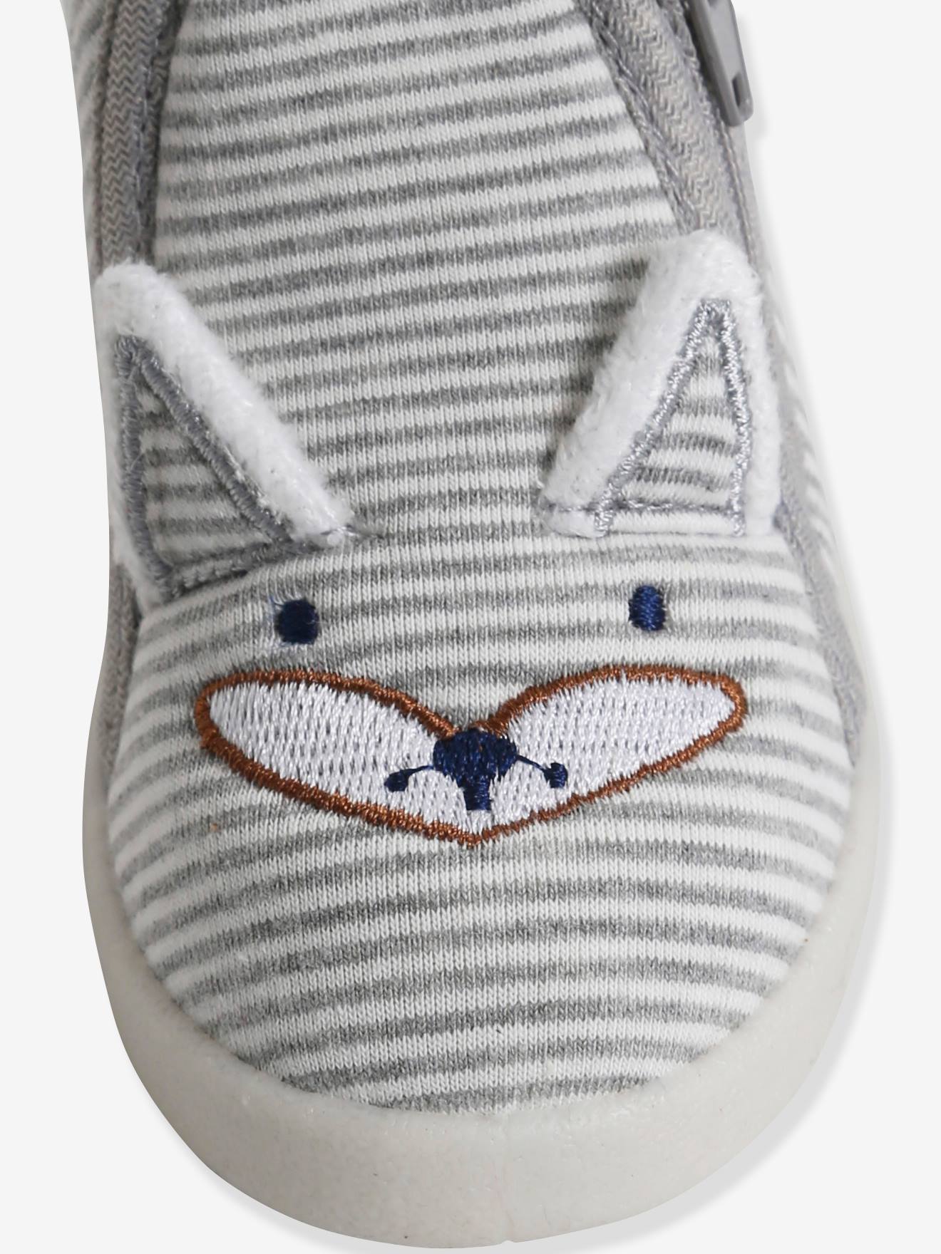 Chaussons zippés bébé en toile rayé gris