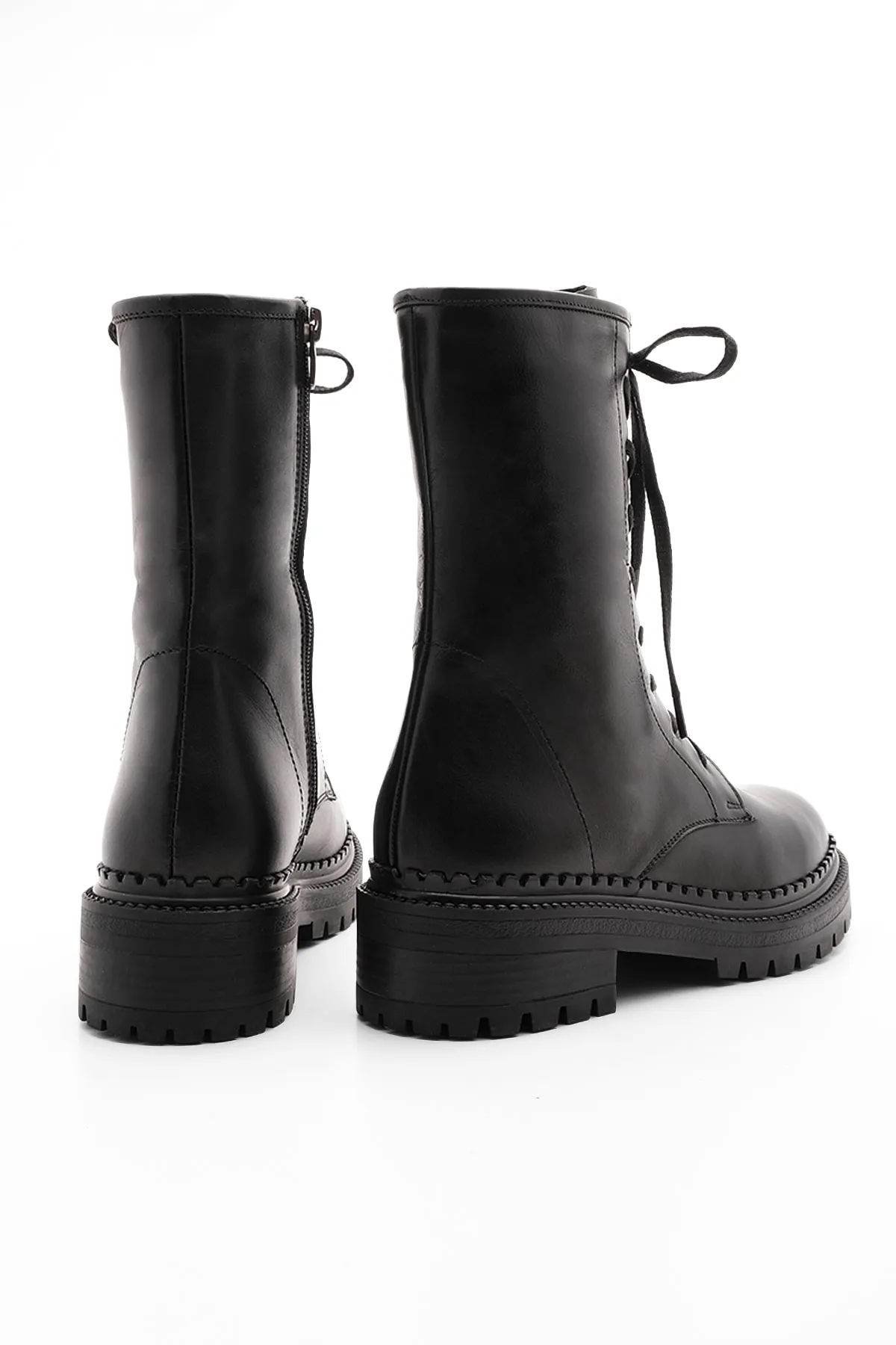 Marjin  Damen-Stiefel aus echtem Leder mit Reißverschluss, Schnürung, gezackte Sohle, Freizeitstiefel Kariva Schwarz