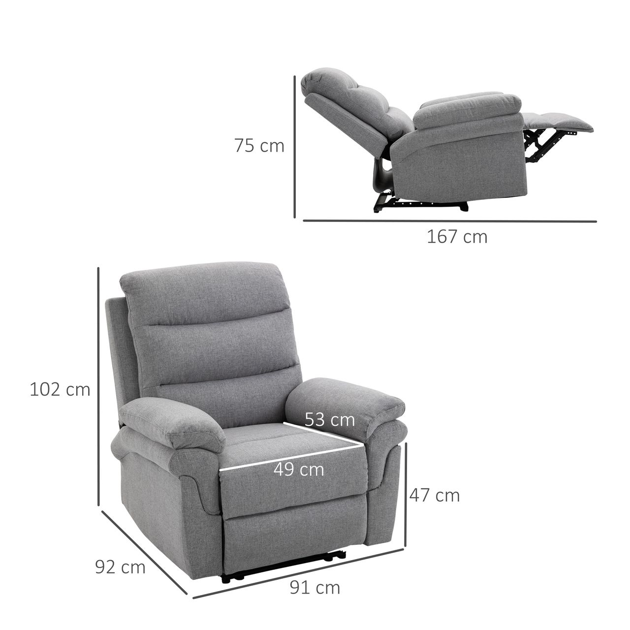 HOMCOM Relaxsessel mit Liegefunktion Einzelsofa Verstellbar Liege 165° neigbar Liegesessel Ruhesessel Fernsehsessel für Wohnzimmer Schlafzimmer Leinen-Touch Hellgrau 91 x 92 x 102 cm
