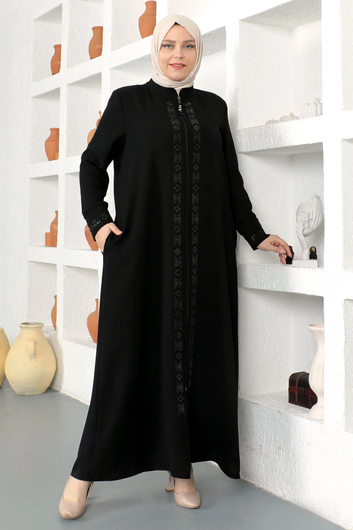 Tesettür Dünyası  Mit Pailletten bestickter Hijab Ferace Tsd230330 Schwarz