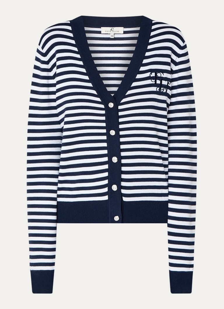 Cardigan Caroline di Fifth House a righe con logo stampato.