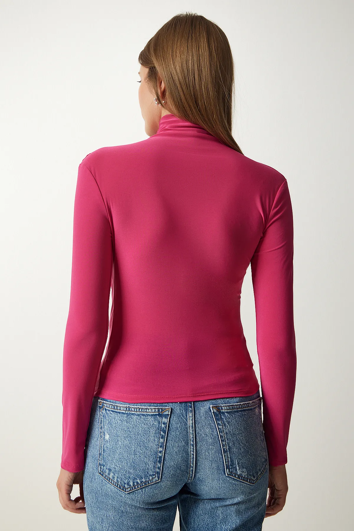 Happiness İstanbul  Damen-Bluse mit hohem Kragen und hohem Kragen, Sandfarben, FF00135 in Rosa