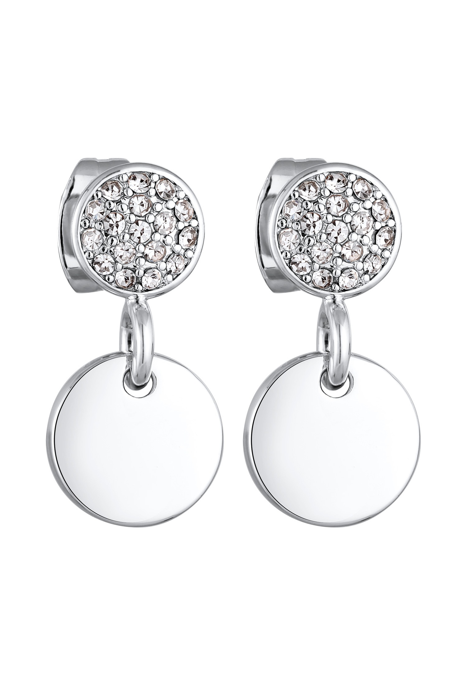 Eleganti orecchini da donna Elli con placca rotonda color argento e cristalli