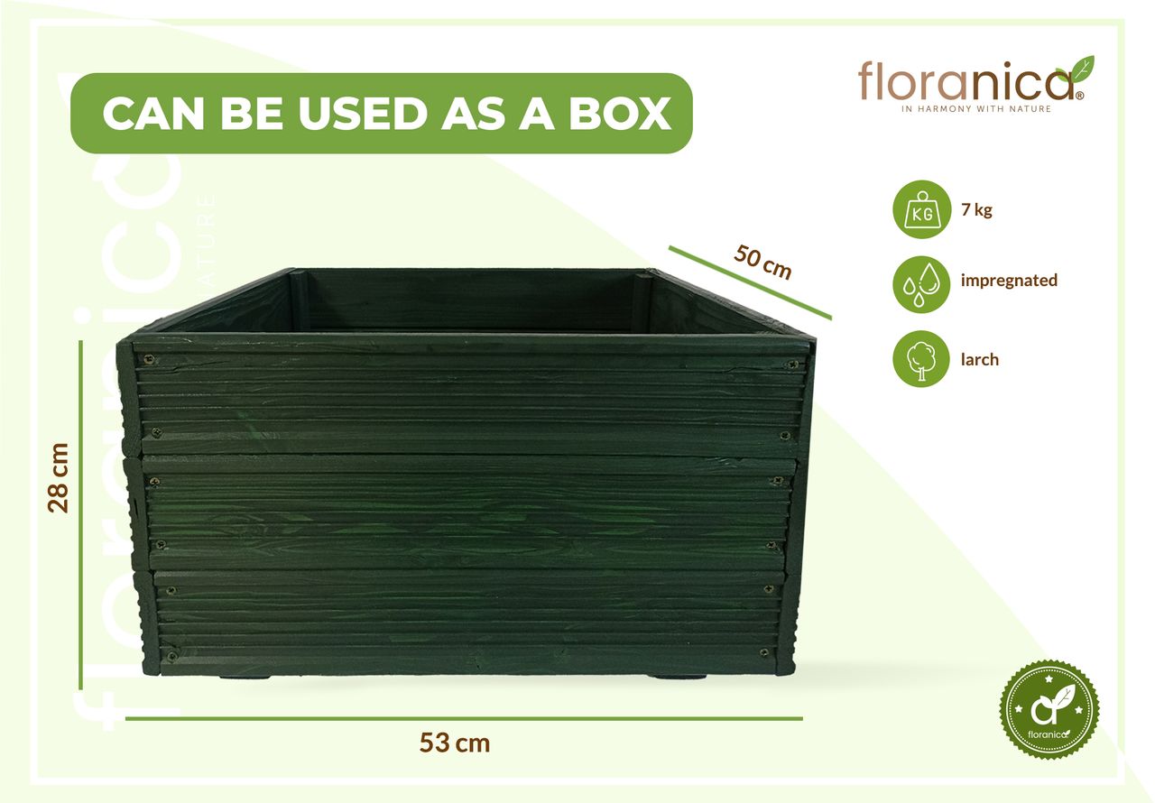 Pemicont Floranica Blumentopf aus Holz Kasten 50cm x 535cm x 285cm Grün Imprägnierte Lärche Schutzhülle für Kräuter Blumen Haus- und Gartendekoration Innen- und Außeneinsatz EU-Produkt