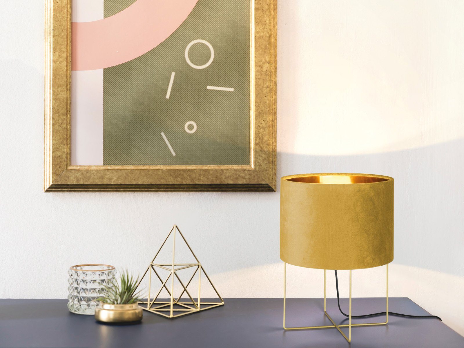 meineWunschleuchte LED Nachttischlampe, Dimmfunktion, LED wechselbar, Warmweiß, ausgefallen-e Design-er mit Samt Lampenschirm Gelb Gold-en, H: 32cm
