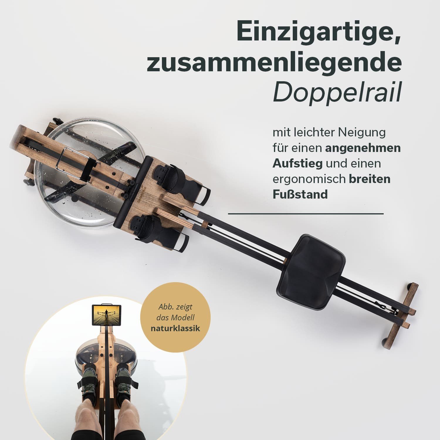 Skandika Rudergerät SKANDIKA Styrke (karamellbraun/schwarz), Rudergerät Wasser aus Holz, Wasserrudergerät für Zuhause, Esche