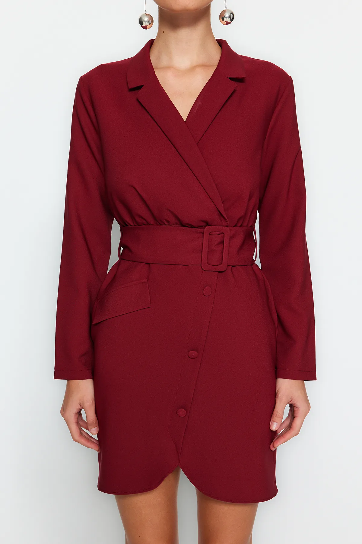 Trendyol Collection  Burgunderfarbenes, gewebtes Jackenkleid mit Gürtel und Knöpfen TWOAW24EL00593