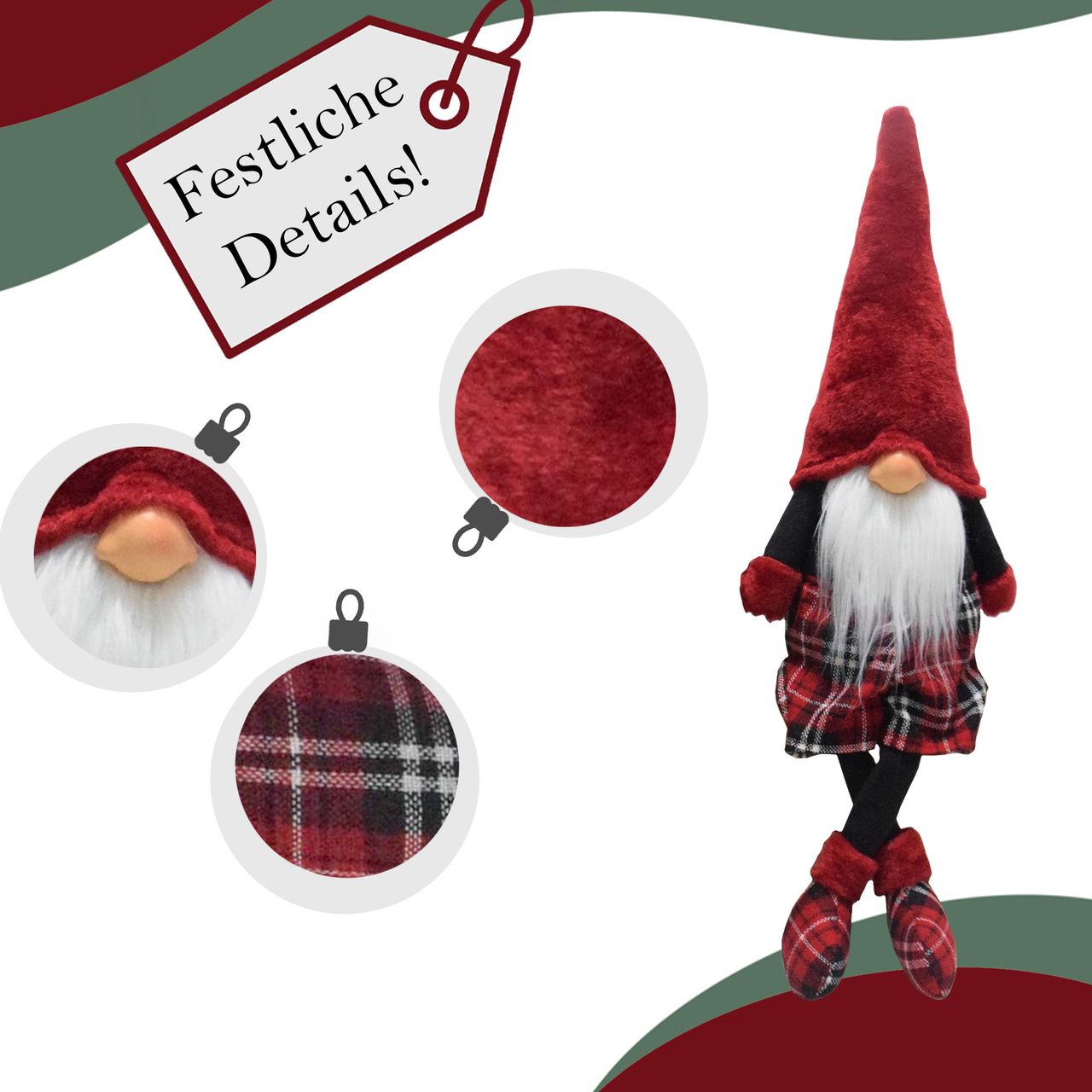 Lemodo Wichtel 2er Set, Weihnachtswichtel als Kantenhocker, Gnome mit karierten Schuhen