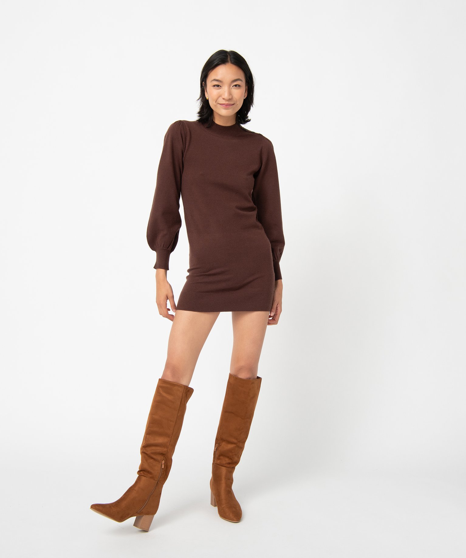 Robe pull femme en maille à manches longues et col montant marron | GEMO