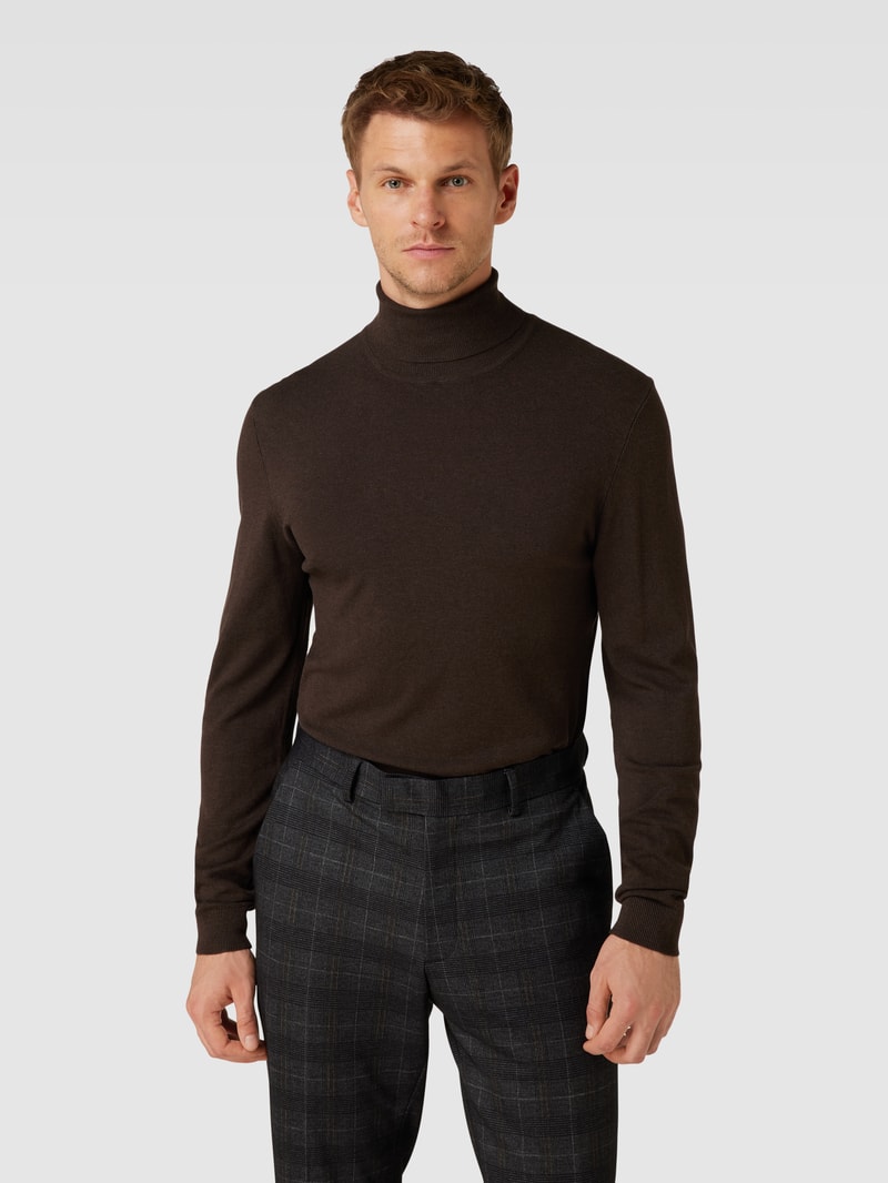 Strickpullover mit Rollkragen in dunkelbraun meliert