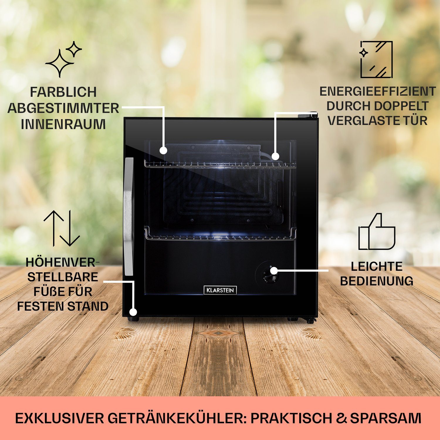 Klarstein Getränkekühlschrank HEA-BeersafeL-onyx 10032870A, 50 cm hoch, 47.5 cm breit, Mini Kühlschrank Bierkühlschrank klein Getränkekühlschrank mit Glastür
