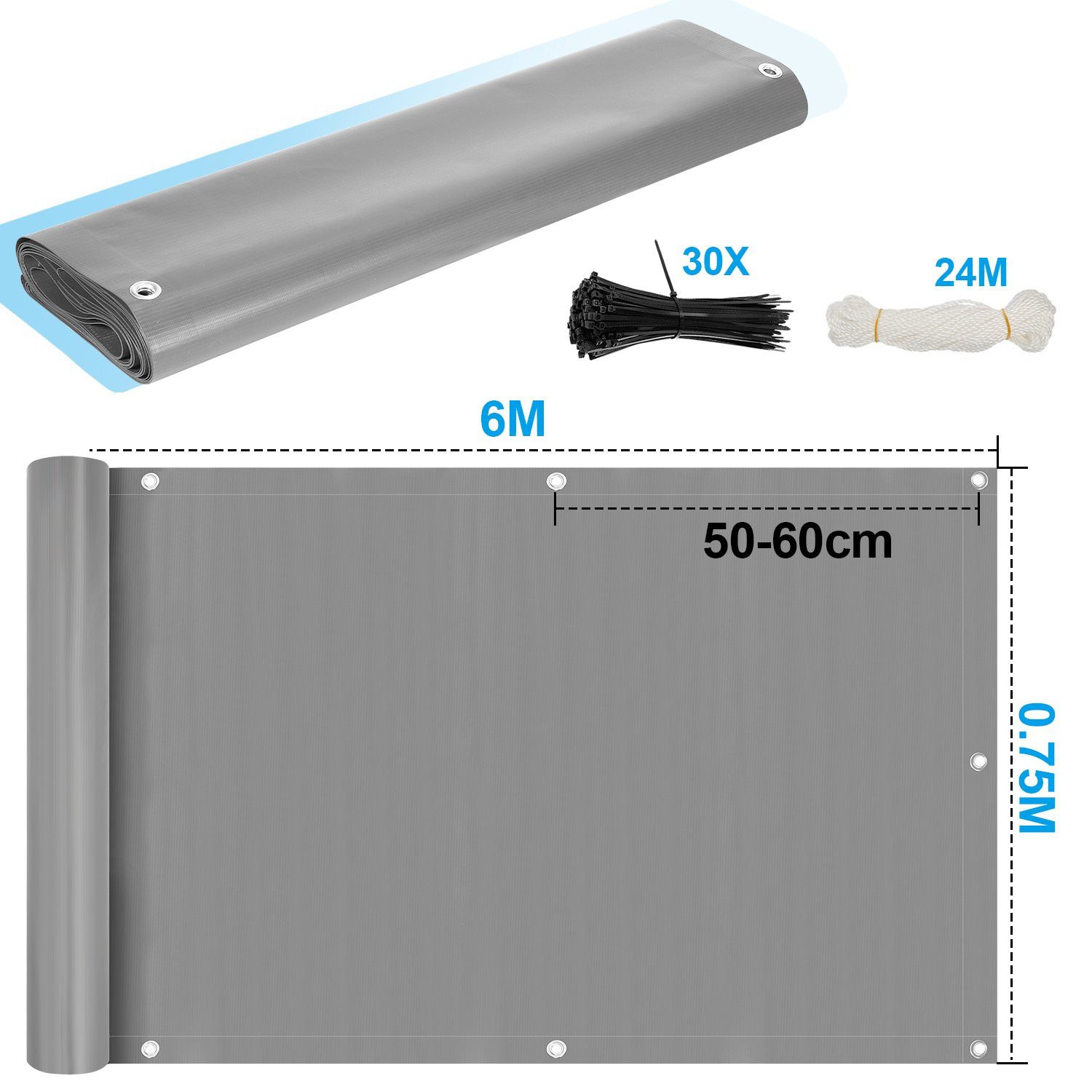 Lospitch Balkonsichtschutz 75*600cm Balkon Sichtschutz Balkonbespannung PVC Windschutz