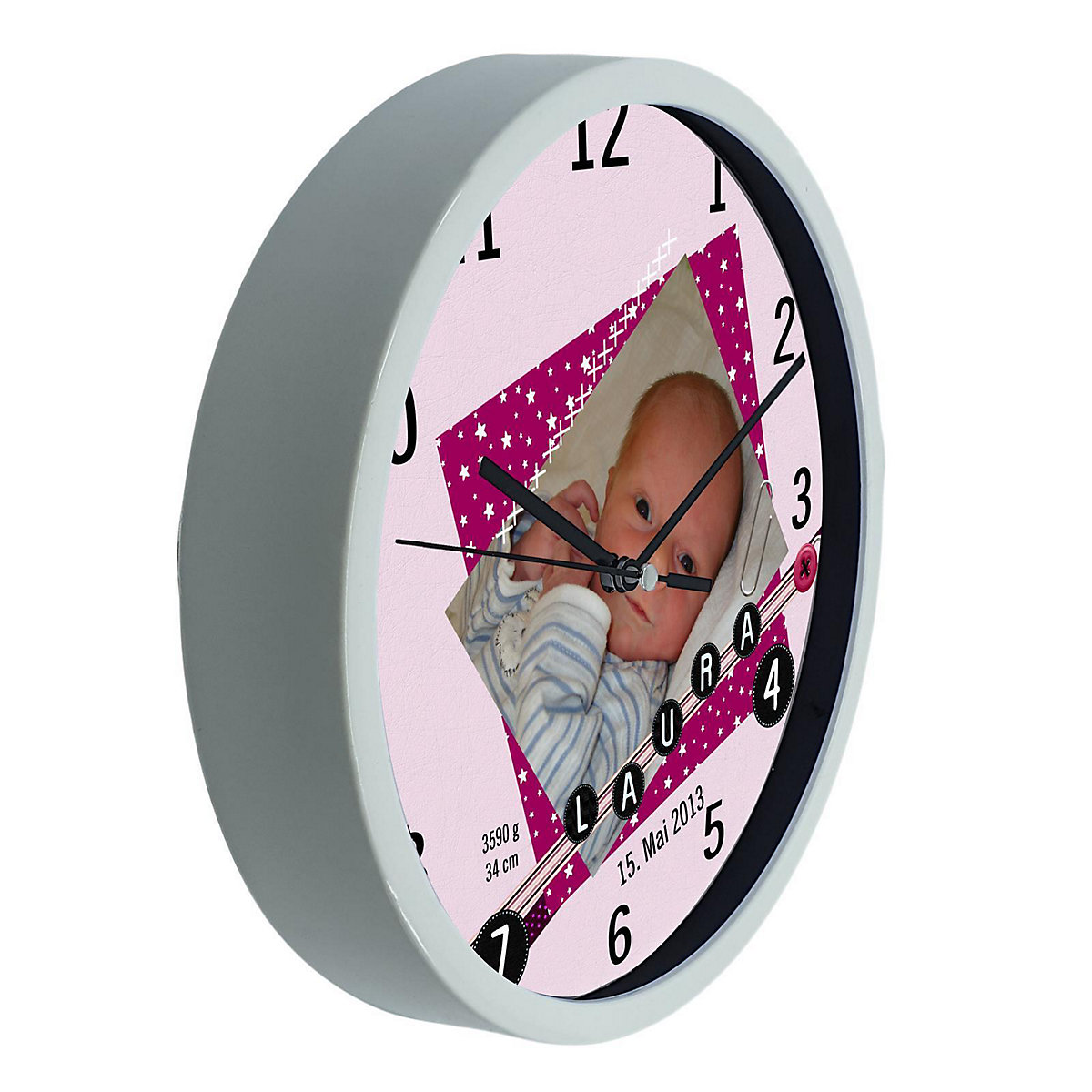 Kinder Wanduhr laufruhig personalisiert mit Name Scrapbooking rosa