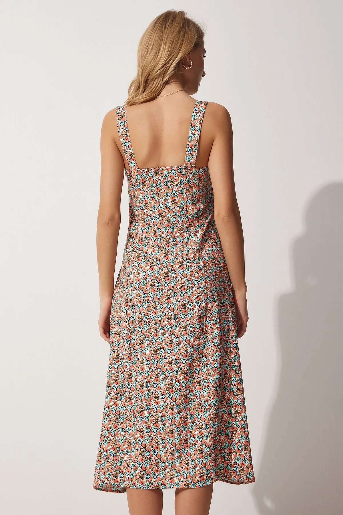 Happiness İstanbul  Damen-Sommerkleid aus ziegelblauer Viskose mit quadratischem Kragen und Blumenmuster DD01208