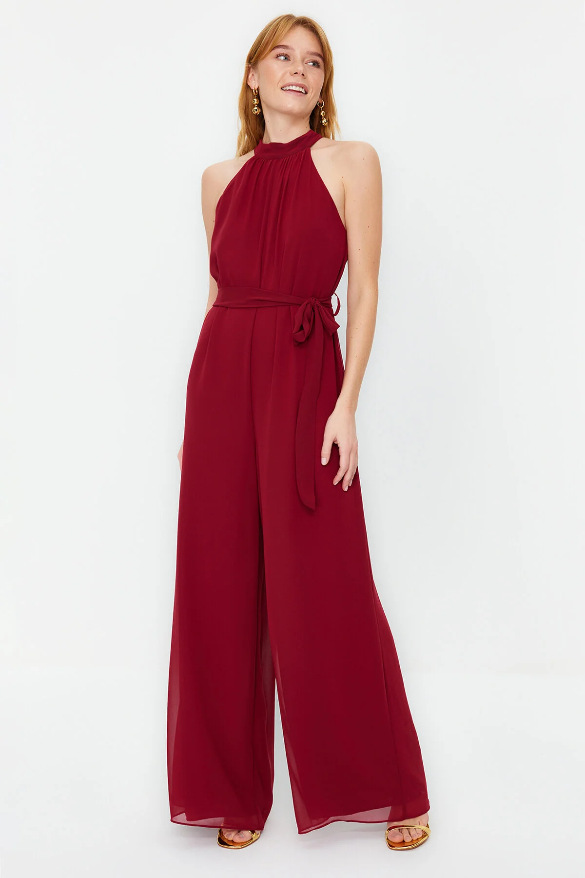 Trendyol Collection  Burgunderfarbener Maxi-Chiffon-Weboverall TWOSS23TU00093