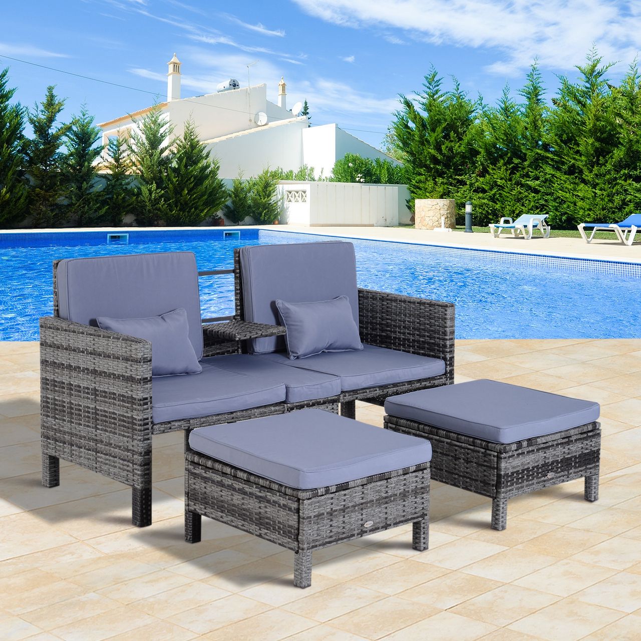 Outsunny 3-tlg. Sitzgruppe Rattanmöbel 2er-Sofa inkl. 2 Hocker & Kissen grau