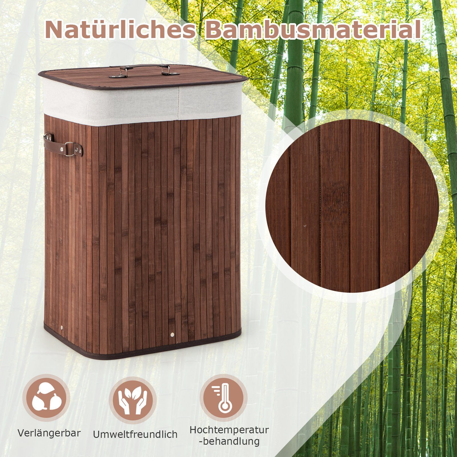 COSTWAY Wäschekorb, mit Deckel, 72L, Bambus, mit ausnehmbarer Innentasche