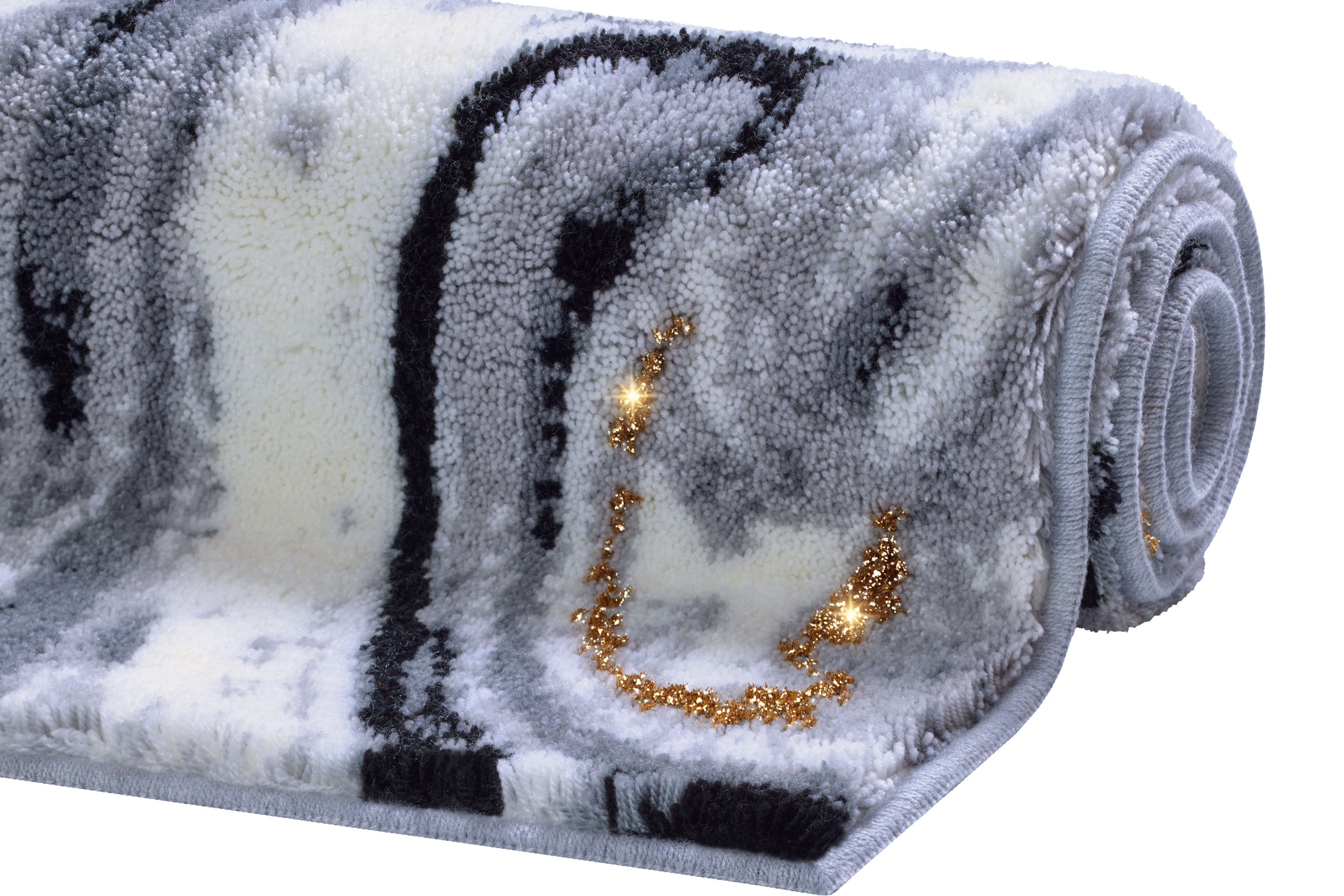 Badematte Gloria Leonique, Höhe 20 mm, rutschhemmend beschichtet, fußbodenheizungsgeeignet, Polyacryl, rechteckig, goldfarbene Akzente durch Glitzer-Garn, Badematten im Marmor-Design