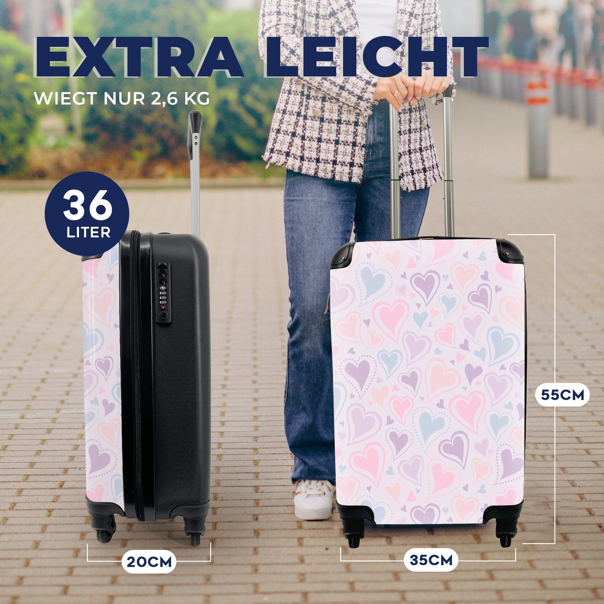 MuchoWow Handgepäckkoffer Mädchen - Herzen - Schnittmuster - Mädchen - Kinder - Kinder, 4 Rollen, Reisetasche mit rollen, Handgepäck für Ferien, Trolley, Reisekoffer