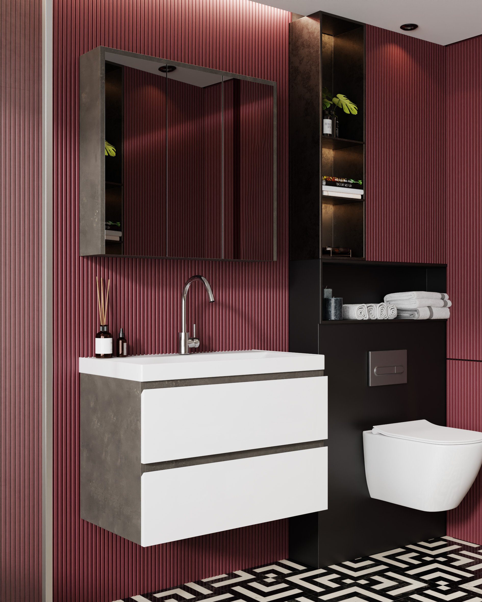 Karen Badezimmer-Set Beta, (Komplett-Set, 3-Teilig (Unterschrank, Spiegelschrank, Waschbecken), 3-St., Unterschrank mit Schubladen, Spiegelschrank mit Türen & Regalen), Retro Design, Softclose, Griffleisten