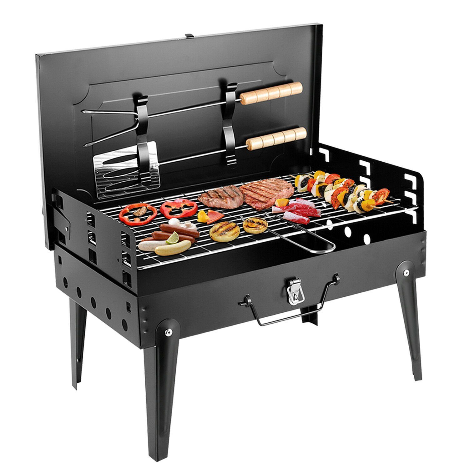 SunJas Holzkohlegrill CA-07, Tragbare Grill, 2tlg Grillbesteck, BxTxH: 42 x 27 x 29 cm Metal-Campinggrill, Holzkohle Klappgrill mit Deckel, Kohle BBQ Barbeque Camping Picknickgrill, Terrasse Tragbar Grill, Garten Tischgrill