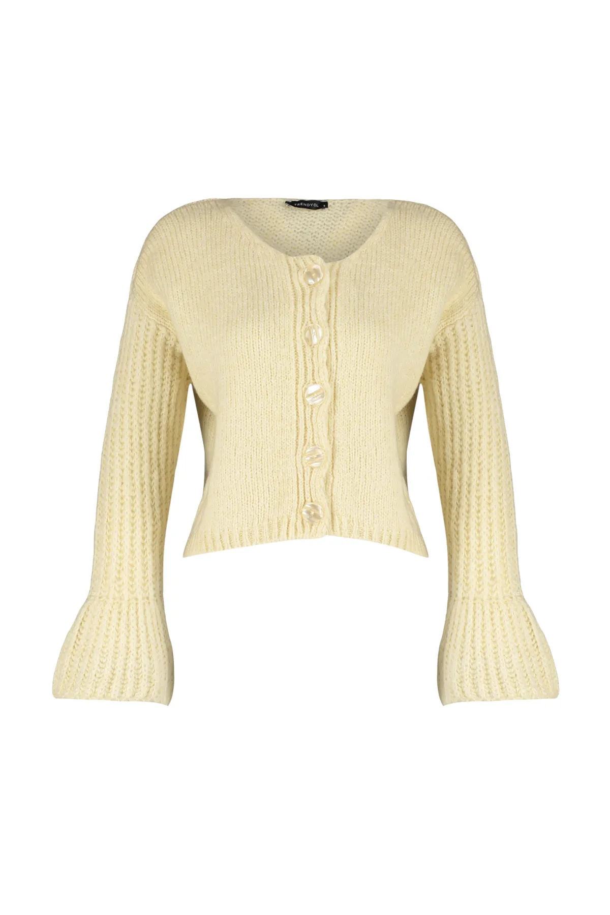 Trendyol Collection  Beige kurzer Strickcardigan mit V-Ausschnitt und Ärmeldetail TWOAW24HI00300