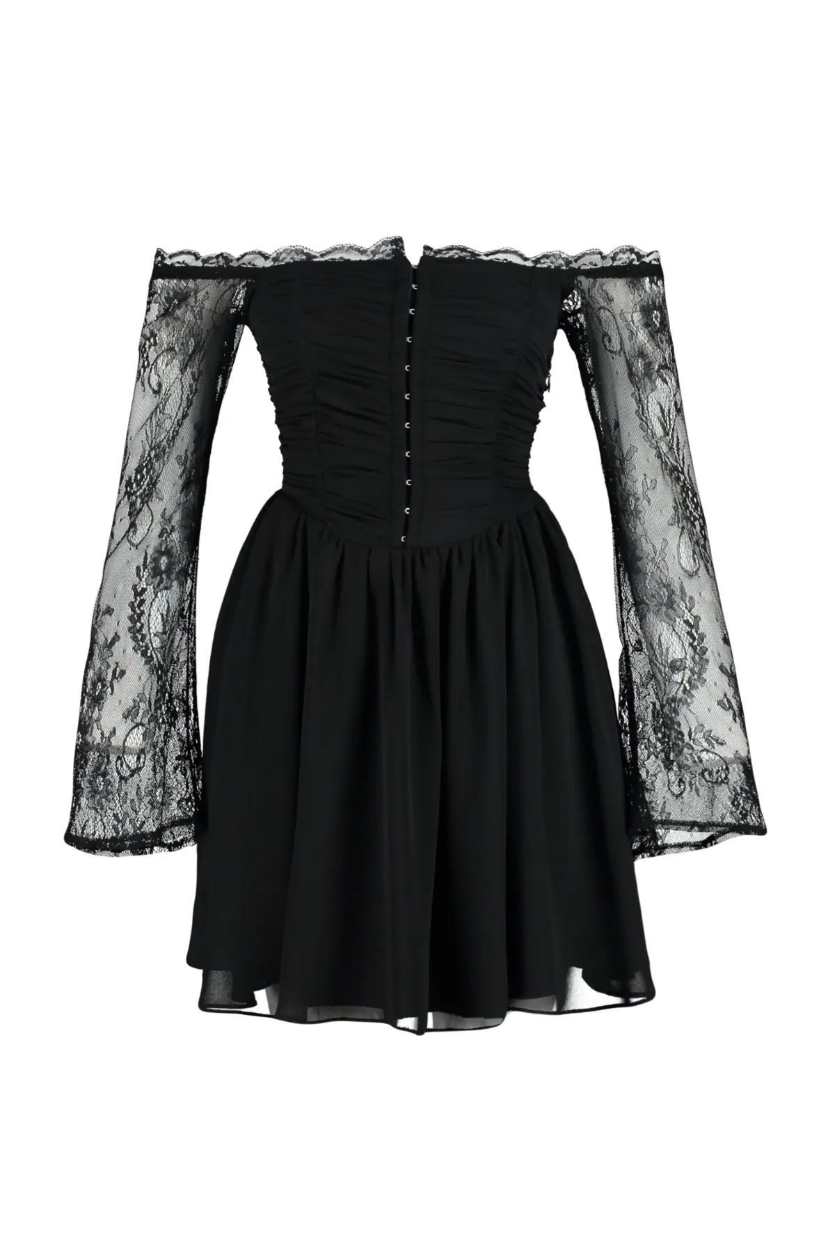 Trendyol Collection  Schwarzes, tailliertes/Skater-Kleid aus gewebtem, gefüttertem, gerafftem Chiffon, stilvolles Abendkleid TPRSS24EL00073