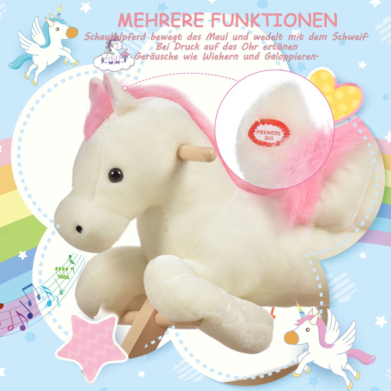 HOMCOM Kinder Schaukelpferd Baby Schaukeltier Pferd mit Tiergeräusche Spielzeug Haltegriffe für 18-36 Monate Plüsch Weiß Rosa 70 x 28 x 57 cm
