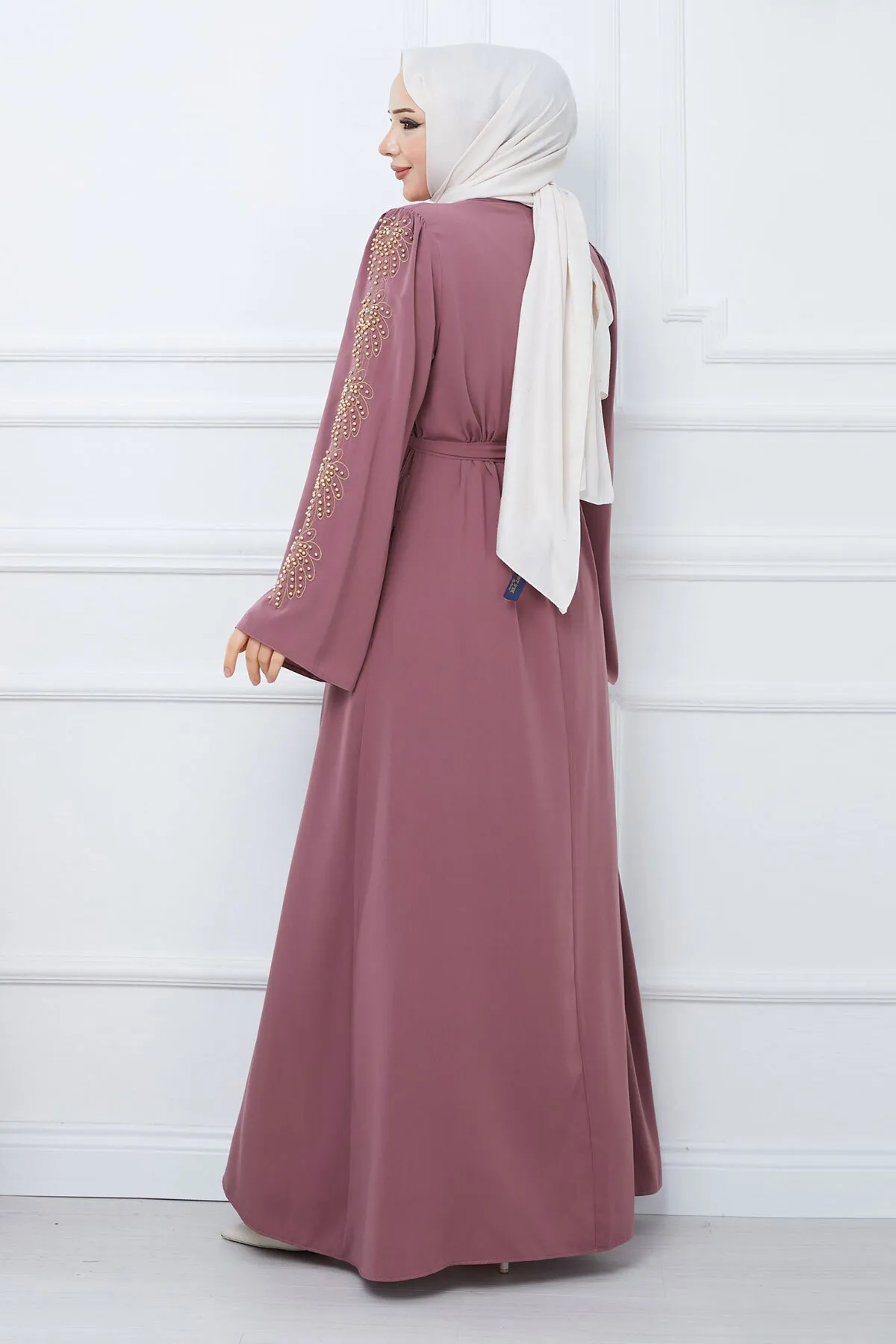 Tesettür Dünyası  Griff Perlen Bestickt Gürtel Hijab Ferace TSD240203 Getrocknete Rose