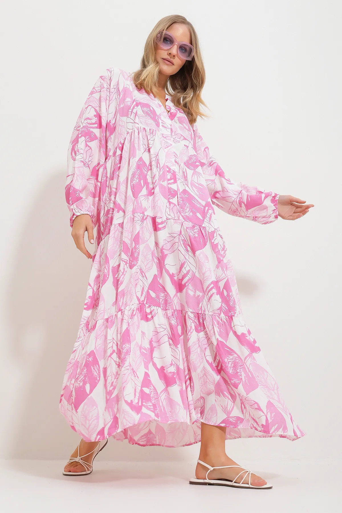 Trend Alaçatı Stili  Rosa Maxikleid mit Schalkragen und Muster für Damen Alc-X11593