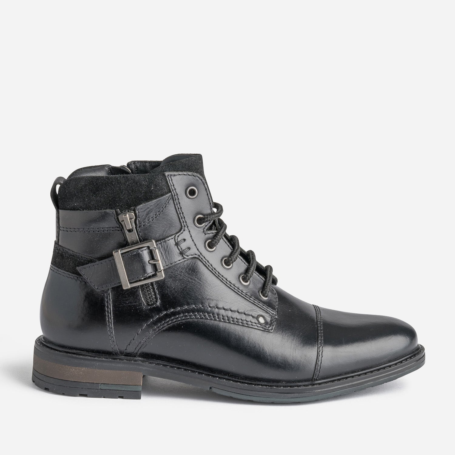 Bottine noire en cuir décor zip et boucle