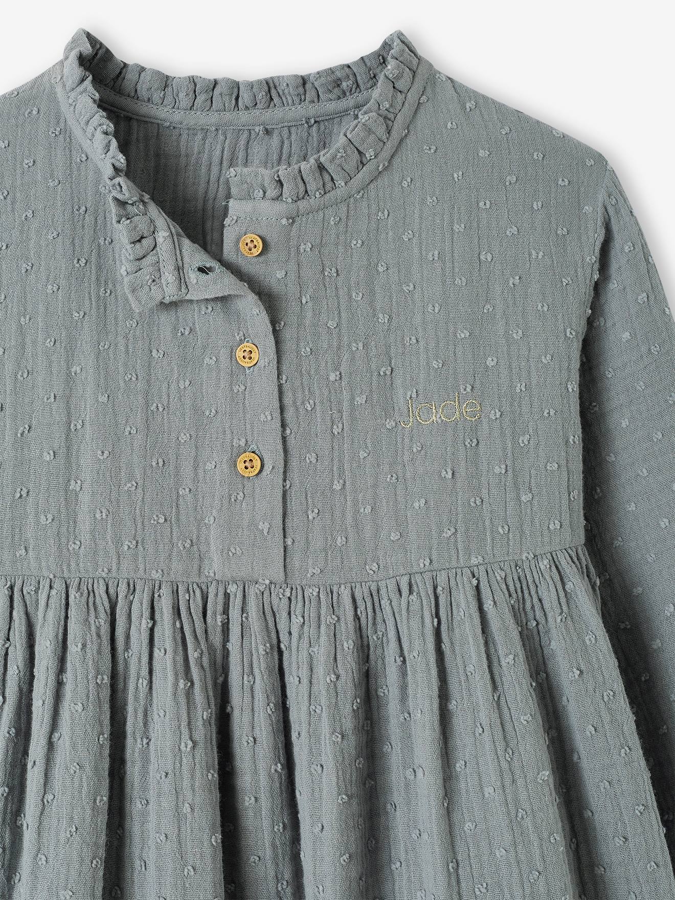 Vertbaudet Mädchen Kleid mit Glanztupfen, Musselin - grün bedruckt