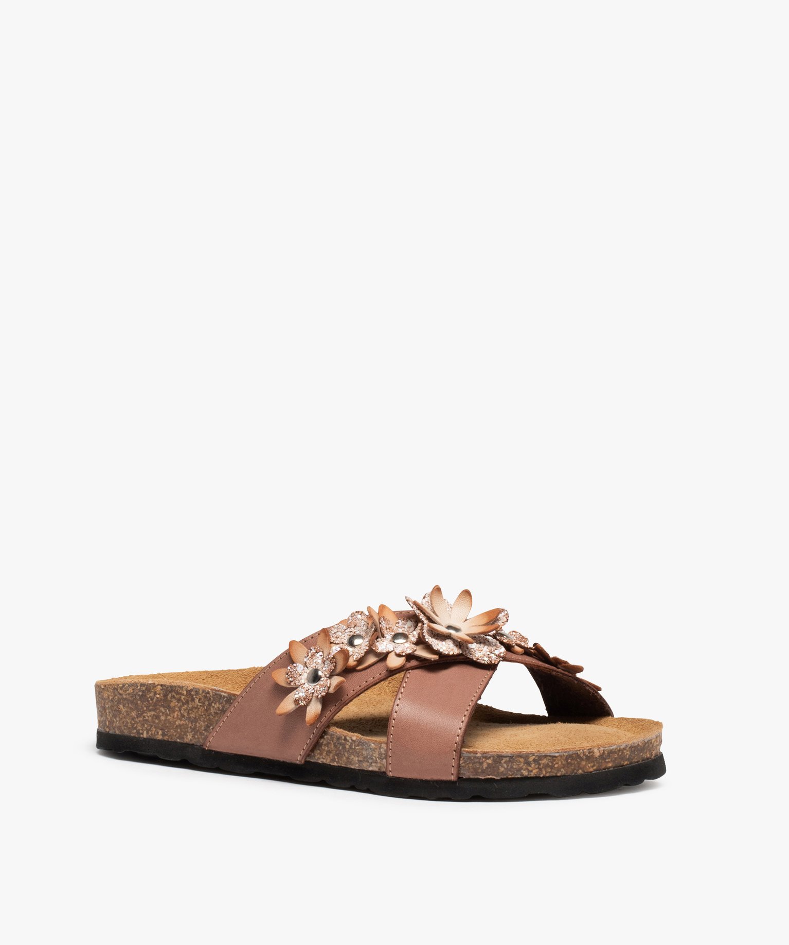 Mules femme à talon plat et larges brides à fleurs taupe | GEMO