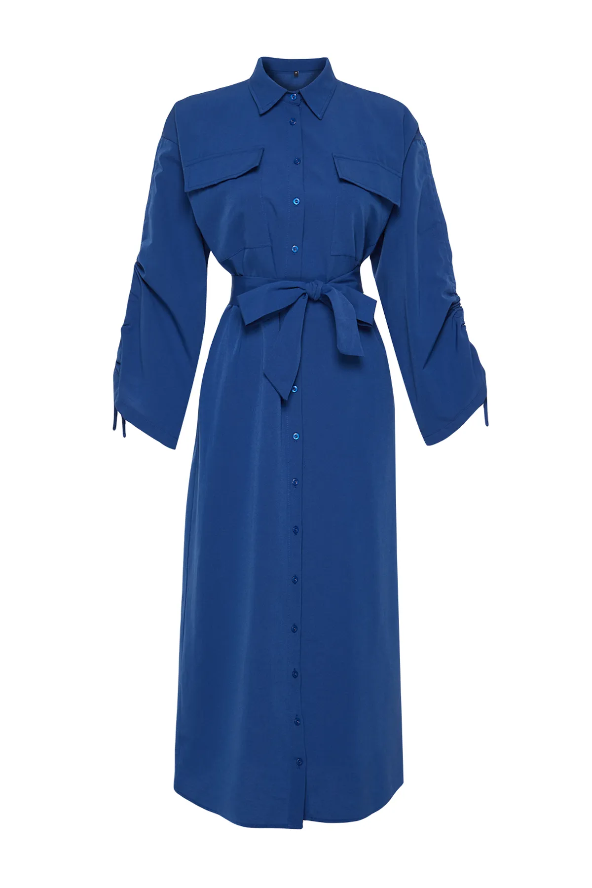 Trendyol Modest  Saks-Hemdkleid aus gewebter Baumwolle mit Gürtel und verstellbaren Ärmeln, Detail TCTSS23EB00365