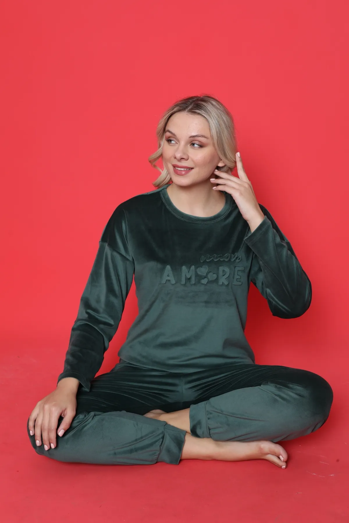 AHENGİM  Pyjama-Set für Jugendliche, französischer Samt, Amore, bedruckt, mit Spatenmanschette, Winter, saisonal, W20432250