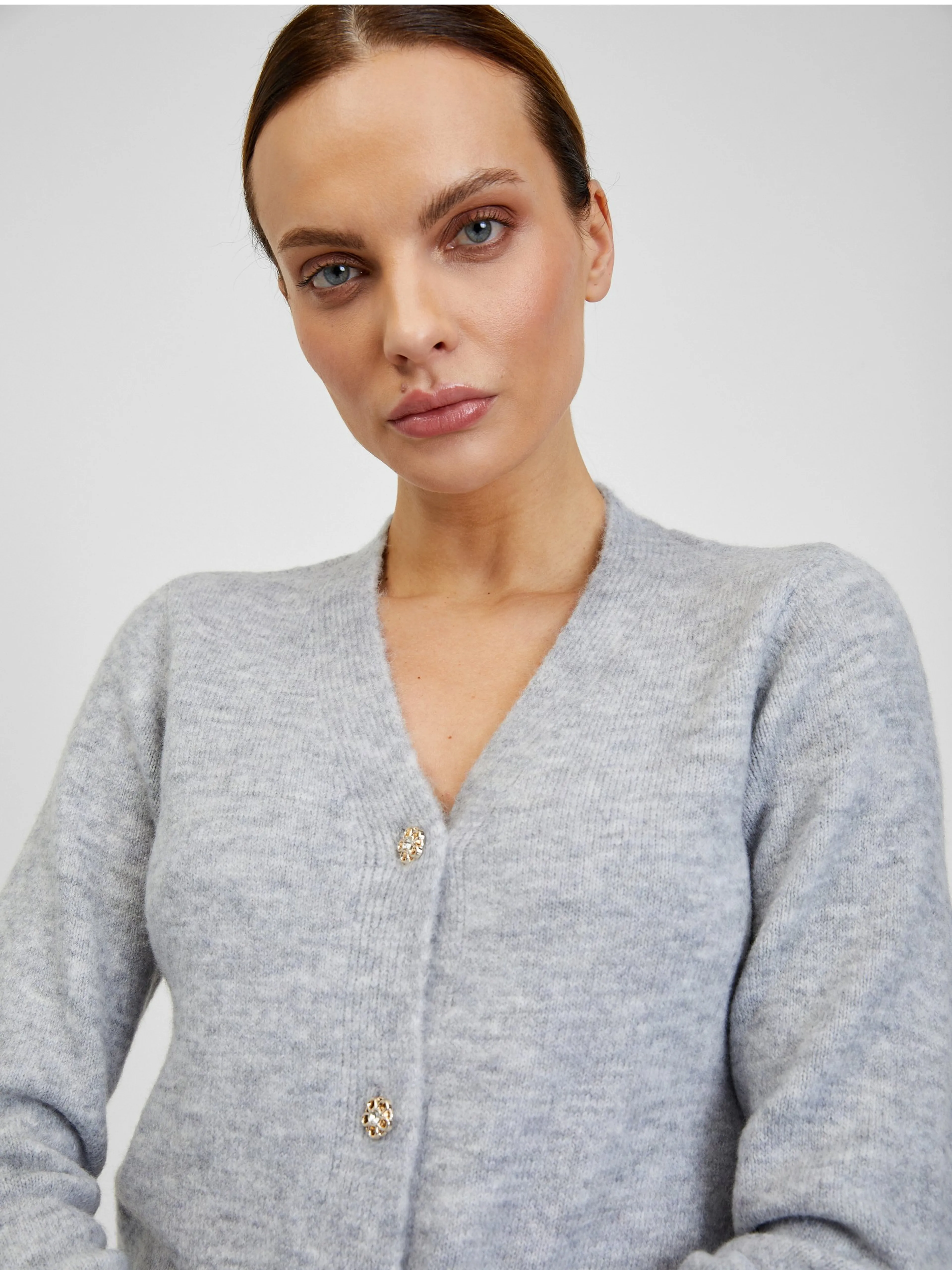 Hellgraue gestreifte Damenstrickjacke aus Wollmischung ORSAY
