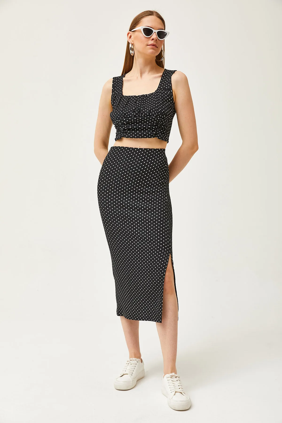 Olalook  Damen Schwarz Polka Dot Top Bluse Unterteil Rock Gestrickt Unterteil Top Set TKM-19000281