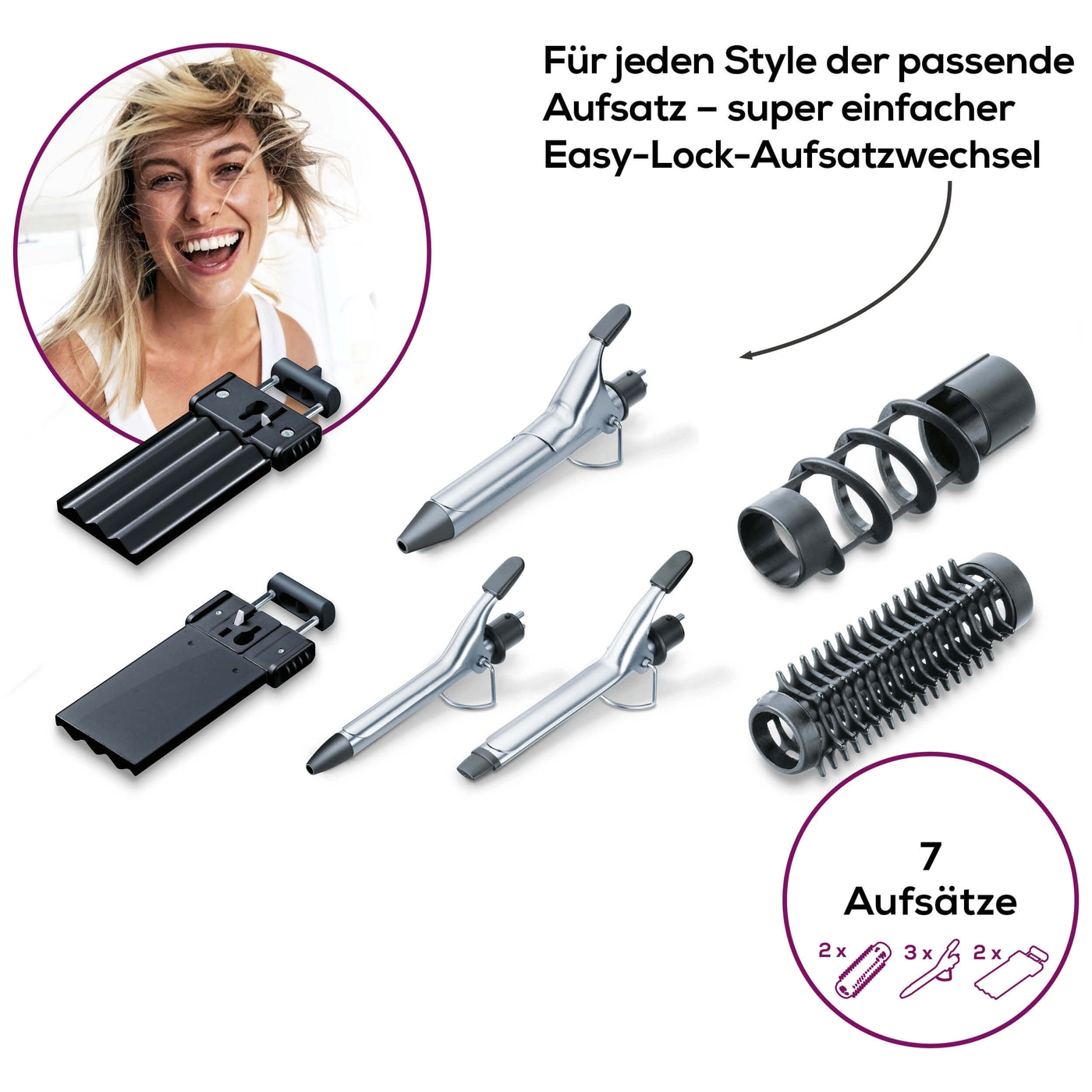 Beurer Multifunktionsstyler - HT 60-7-in-1 Haarstyler - Krepp- & Glätteisen, Bürsten- & Spiralaufsatz & 3 Lockenstäbe