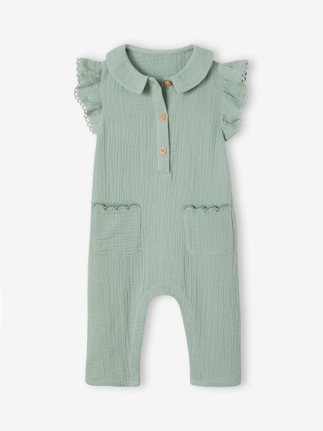 Vertbaudet Mädchen Baby Overall, Schmetterlingsärmel mit Stickerei - salbeigrün