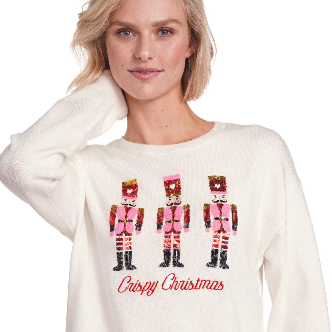 Damen Weihnachtspullover mit Pailletten-Motiv weiss