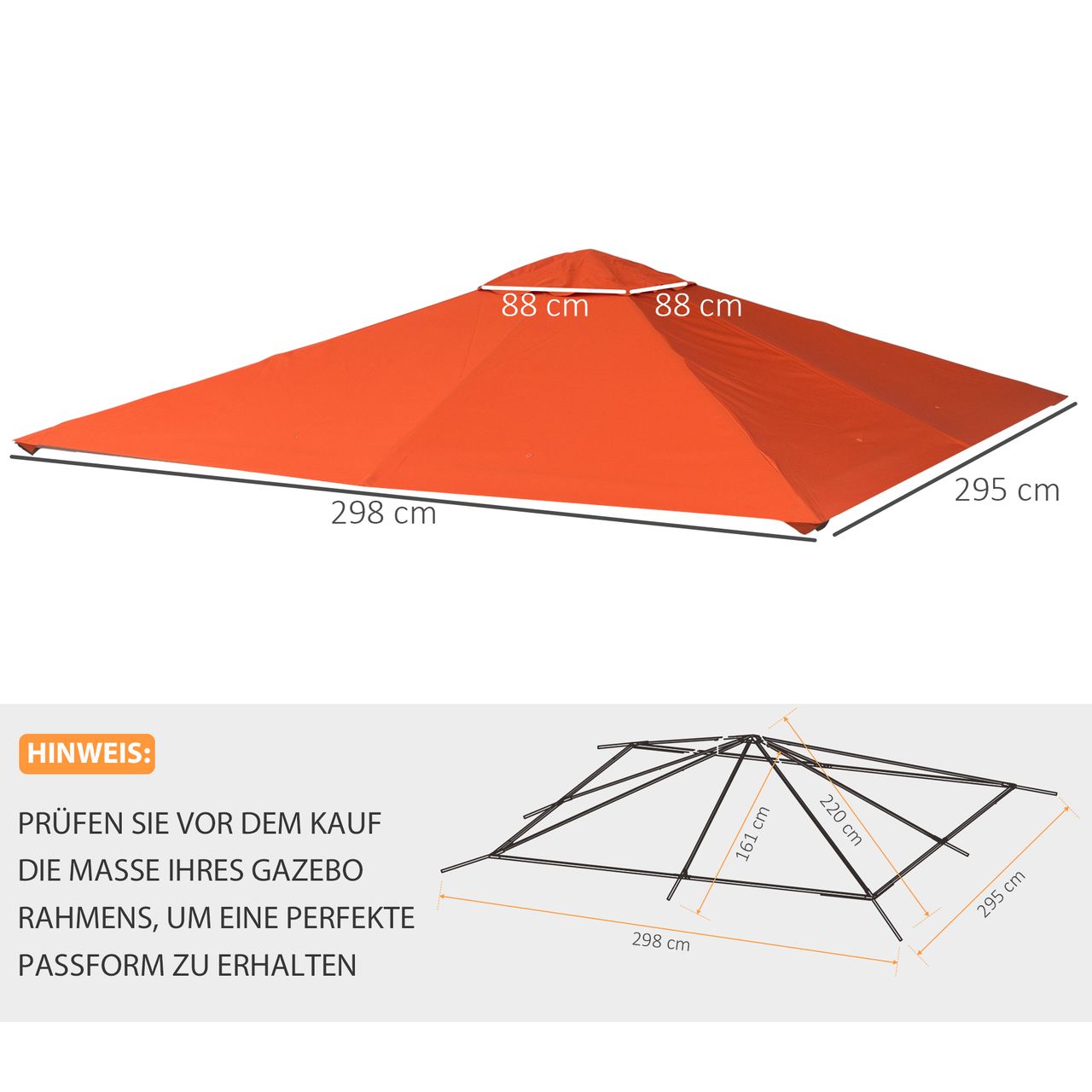 Outsunny Pavillondach Ersatzdach Pavillonabdeckung Polyester Orange 2,98x2,95m