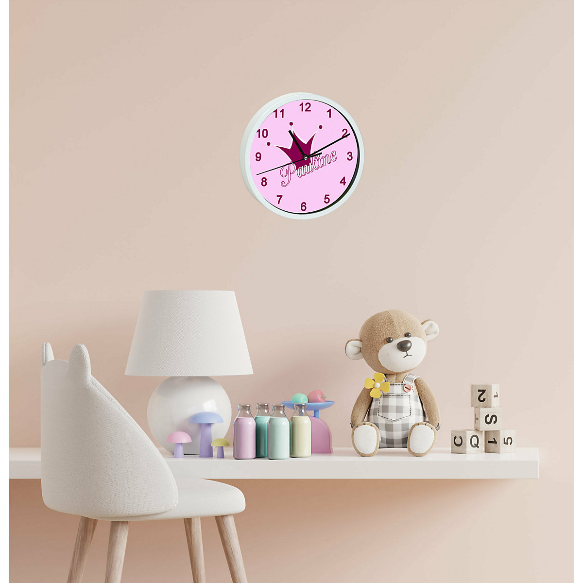 Kinder Wanduhr laufruhig personalisiert mit Name Krone rosa