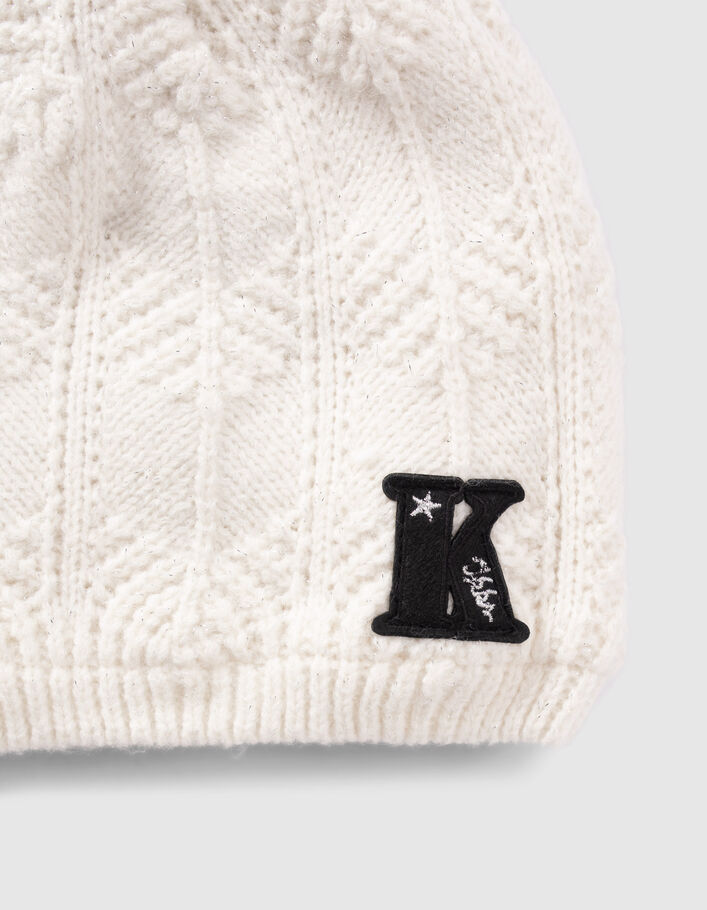 Bonnet blanc cassé tricot lurex à pompon fille