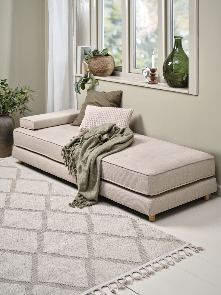 VARMARK VARMARK sovesofa 190x76 med puter, beige stoff/eikefarge