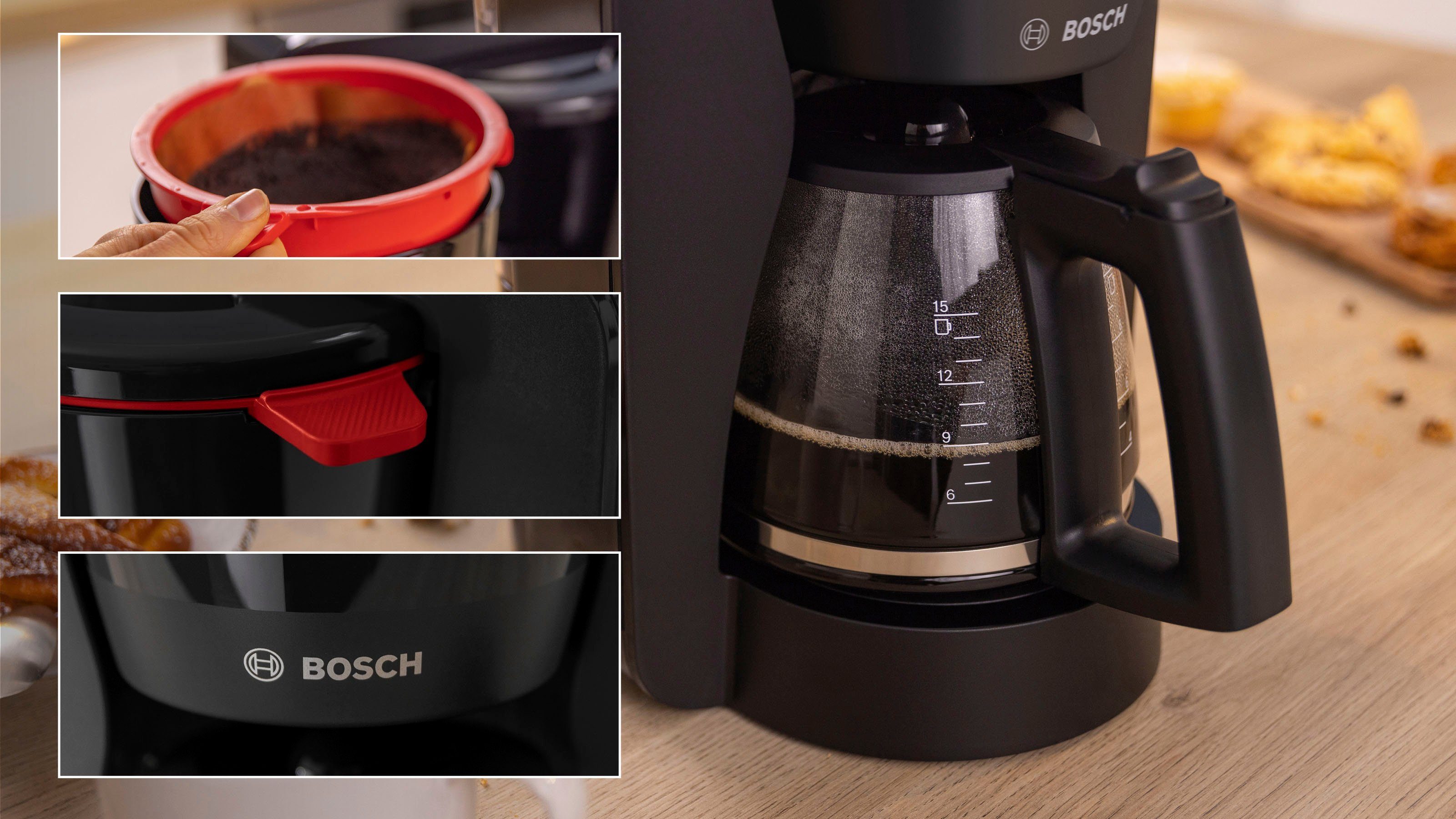 BOSCH Filterkaffeemaschine MyMoment TKA2M113, 1,25l Kaffeekanne, Papierfilter 1x4, für 10-15 Tassen, Glaskanne, 40min Warmhaltefunktion, 1200 W