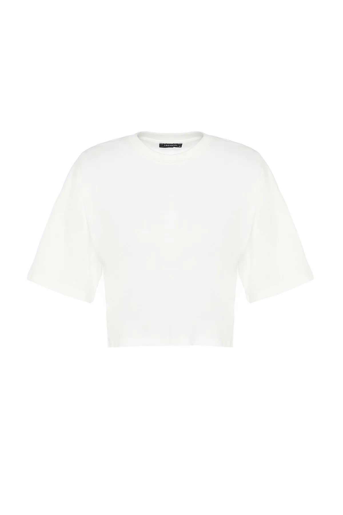 Trendyol Collection  Hochwertiges, kurz geschnittenes Strick-T-Shirt aus 100 % ecrufarbener Baumwolle TWOSS23TS00038