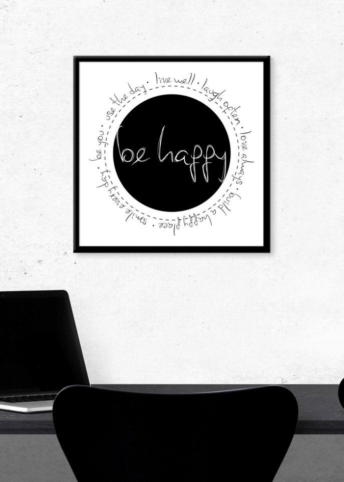 Gerahmtes Bild mit Schriftzug be happy
