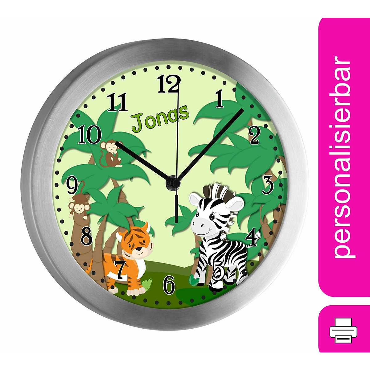 Funkuhr / Wanduhr mit Namen personalisiert Safari-Zebra Atom-/Funkuhr